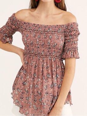 NWOT Free People Dusty Rose Floral Off-Shoulder Peasant Top, XS